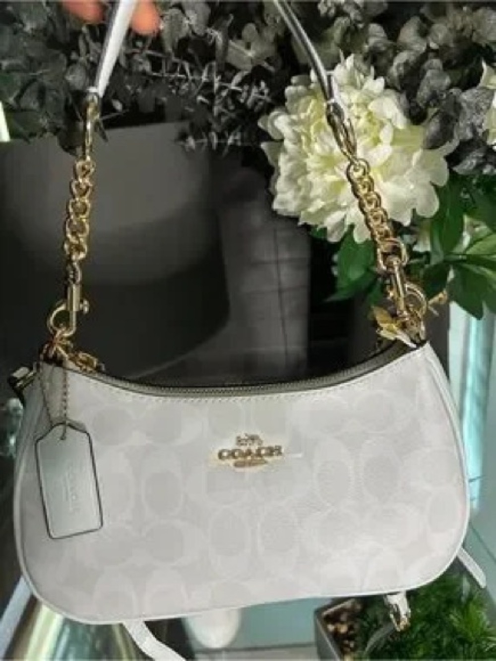 Coach White Signature Canvas Shoulder Bag with Gold Chain Strap